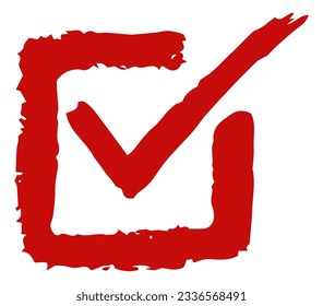 Doodle check mark. Yes icon. Red checkmark in box. Choice tick. Square checkbox. Confirm and approve symbol. Test correct answer. Decision select. Rough drawing. Vector