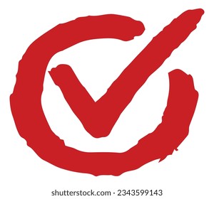 Doodle check mark. Yes icon. Red checkmark in box. Choice tick. Circle checkbox. Confirm and approve symbol. Test correct answer. Decision select. Rough drawing. Vector