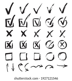 Doodle Check Marks Black Thin Line Set Include of Tick in Box and Arrow Sign. Vector illustration