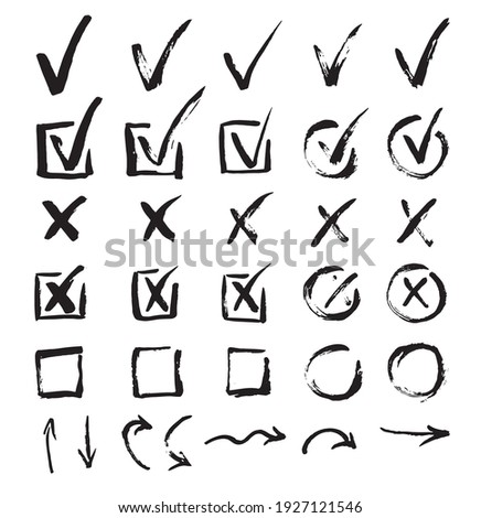 Doodle Check Marks Black Thin Line Set Include of Tick in Box and Arrow Sign. Vector illustration