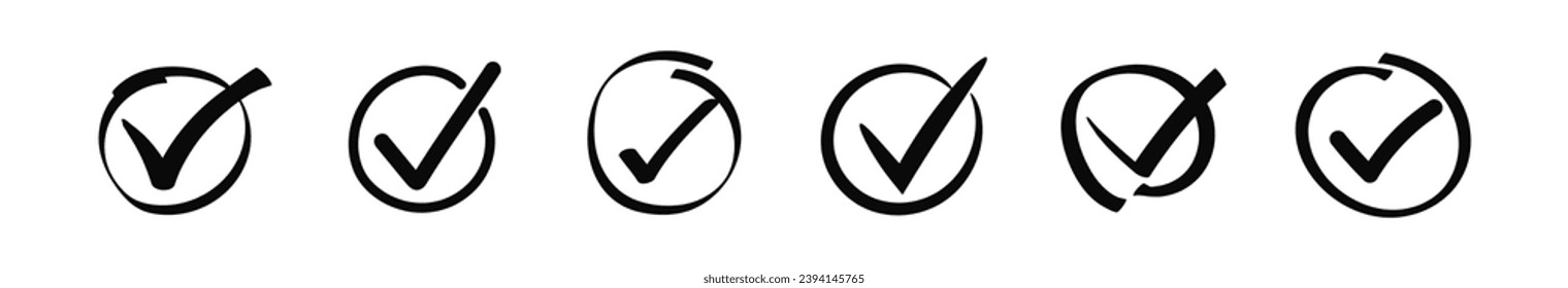 Doodle check marks in circle. Brush stroke tick in round frame