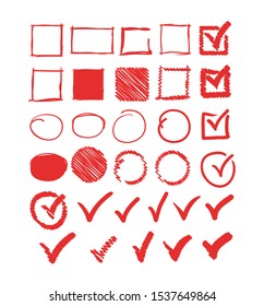 Doodle check marks circle square frame set collection. Vector flat graphic design illustration