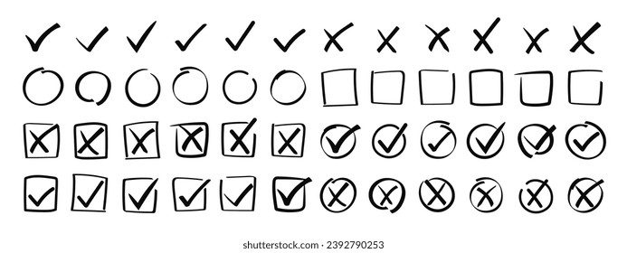 Doodle check marks in circle and square frame. Brush stroke tick and wrong cross brush marker