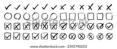 Doodle check marks in circle and square frame. Brush stroke tick and wrong cross brush marker