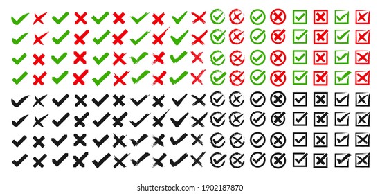 Häkchen und Kreuze des Doodles. Handgezeichnetes Kästchen. Auswahlfelder. Ticks und Kreuze in Kreisen und Quadraten. Farben und schwarze Icon-Set. Vektorgrafik