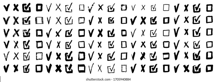 Doodle check marks. Hand drawn checkbox, examination mark and checklist marks. Check signs sketch, voting agree checklist mark or examination task list. sign Isolated vector illustration symbols set