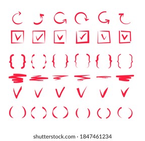 Doodle check marks. Hand drawn lines, red pen tick markings and brackets. Marker drawing scribble positive vote, ok or correct vector signs