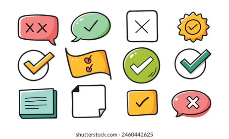 Doodle check marks. Hand drawn symbols for checking and voting, task list checkbox with cross and tick signs vector icons set. Examination round and square boxes for answers, choice.