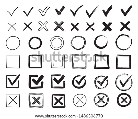 Doodle check marks. Hand drawn checkbox, examination mark and checklist marks. Check signs sketch, voting agree checklist mark or examination task list. sign Isolated vector illustration symbols set