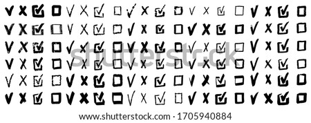 Doodle check marks. Hand drawn checkbox, examination mark and checklist marks. Check signs sketch, voting agree checklist mark or examination task list. sign Isolated vector illustration symbols set