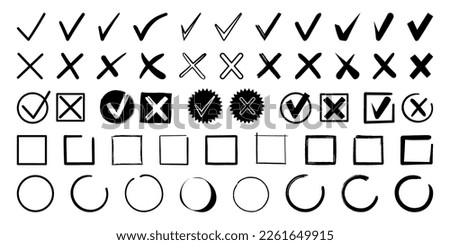 Doodle check marks. Hand drawn symbols for checking and voting, task list checkbox with cross and tick signs vector icons set. Examination round and square boxes for answers, choice