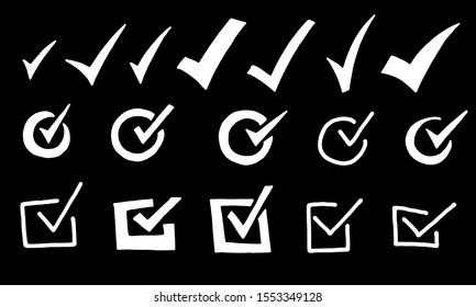 Doodle Check Marks Set. Hand Drawn V Marks For List Items. Tick And Checkbox