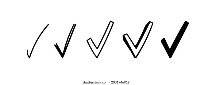 Doodle check marks set. Hand-drawn scribble check marks. Vector illustration of different signs of the right choice, questionnaire, done.