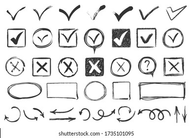 Doodle Check Marks. Check Signs Sketch, Voting Agree Checklist Mark Or Examination Task List. Hand Drawn Tick V X Yes No Ok Sign. Checkbox Chalk Icon, Sketch Checkmark. Vector Illustration, Eps 10.