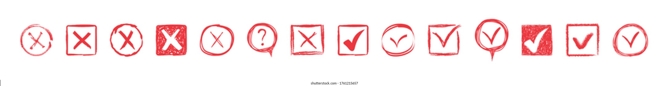 Marcas de verificación de Doodle. Marque el boceto de signos, marque la lista de comprobación de acuerdo de votación o la lista de tareas de examen. Marca dibujada a mano V X sí no señal ok. Icono de tiza de casilla de verificación, marca de verificación de esbozo. Ilustración vectorial, eps 10.