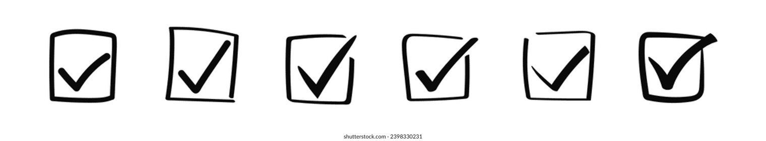 Doodle check marks in square check box. Brush stroke tick in square frame