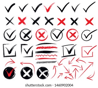 Doodle check marks and underlines. Hand drawn red strokes and pen markings V marks for list items. Check and wrong icons set of check marks. Green tick, red cross, black tick and cross. Yes or no.