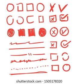 Doodle check marks and underlines. Hand drawn red strokes and pen markings V marks for list items vector