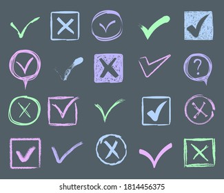 Doodle check marks and underlines. Hand drawn strokes and pen markings V marks for list items. Drawn marker elements, flags, ticks, underlines, brush lines, circles, rectangles. Vector illustration.