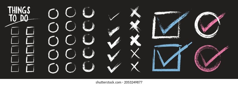 Doodle check marks and underlines. Hand drawn red strokes and pen markings V marks for list items. Check and wrong icons set of check marks. Green tick, red cross, black tick and cross. Yes or no.