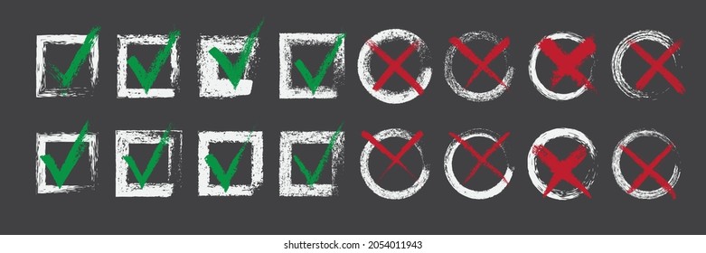 Doodle check marks and underlines. Hand drawn red strokes and pen markings V marks for list items. Check and wrong icons set of check marks. Green tick, red cross, black tick and cross. Yes or no.