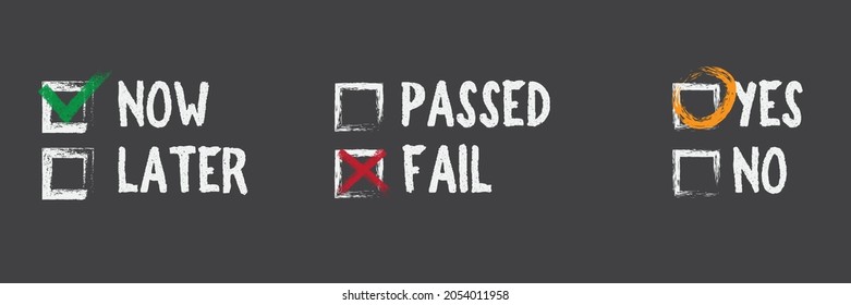 Doodle check marks and underlines. Hand drawn red strokes and pen markings V marks for list items. Check and wrong icons set of check marks. Green tick, red cross, black tick and cross. Yes or no.