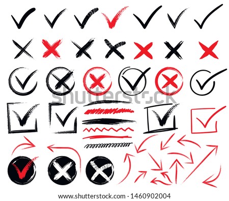 Doodle check marks and underlines. Hand drawn red strokes and pen markings V marks for list items. Check and wrong icons set of check marks. Green tick, red cross, black tick and cross. Yes or no.