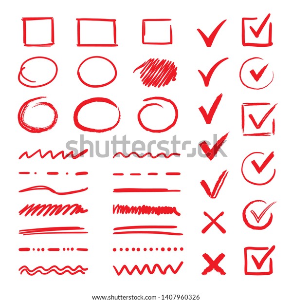 Doodle check marks and underlines. Hand drawn\
red strokes and pen markings V marks for list items. Vector marker\
check handwritten signs and\
checkbox