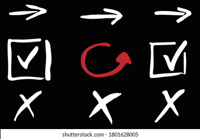 Doodle Check Marks And Underlines. X, V, Cross, Check Mark And Arrows. Vector Marker Check Handwritten Signs And Checkbox.