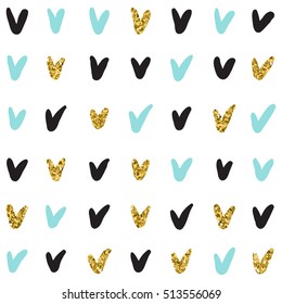 Doodle check seamless background. Black, blue and gold check. Abstract check seamless pattern for card, invitation, poster, banner, placard, diary, album, sketch book cover. Golden glitter texture. 