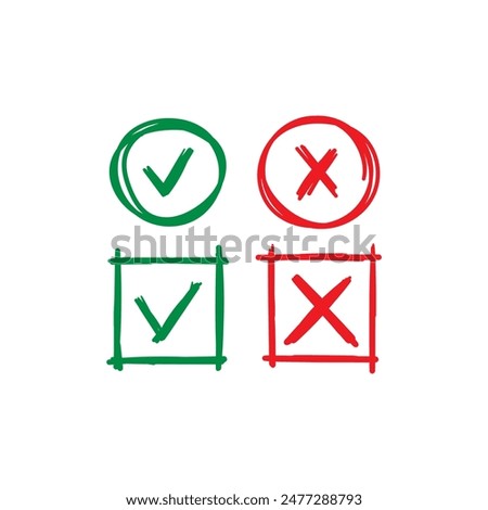 doodle check sign. doodle cancel sign. hand drawn cancel symbol and confirmation symbol