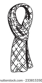Doodle of checkered scarf. Outline drawing of autumn accessory. Hand drawn vector illustration. Single clipart isolated on white background..