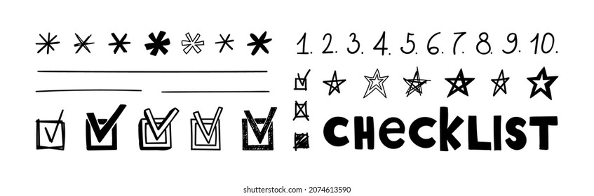 Doodle checklist with check marks, asterisks and numbers. Hand drawn isolated vector illustration of checkmarks of different scribble shapes and silhouettes.