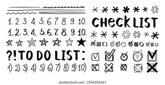 Doodle checklist, hand drawn check marks, asterisks and numbers. To do list, checkmarks outline different scribble shapes and silhouettes. Vector illustration