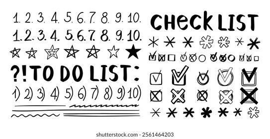 Doodle checklist, hand drawn check marks, asterisks and numbers. To do list, checkmarks outline different scribble shapes and silhouettes. Vector illustration