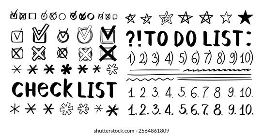 Doodle checklist, hand drawn check marks, asterisks and numbers. To do list, checkmarks outline different scribble shapes and silhouettes. Vector illustration