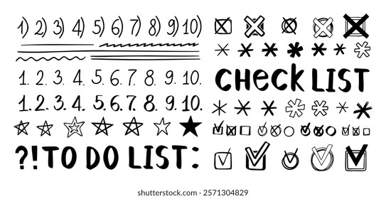 Doodle checklist, hand drawn check marks, asterisks and numbers. To do list, checkmarks outline different scribble shapes and silhouettes. Vector illustration