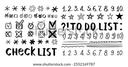 Doodle checklist, hand drawn check marks, asterisks and numbers. To do list, checkmarks outline different scribble shapes and silhouettes. Vector illustration