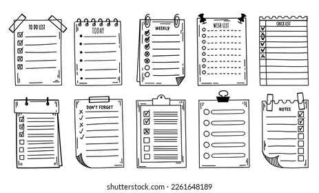 Doodle checklist. Hand drawn to do list, today tasks and sketch weekly planner. Clipboard with bullet list, notes page with check and tick vector set. Work organization or management, reminder