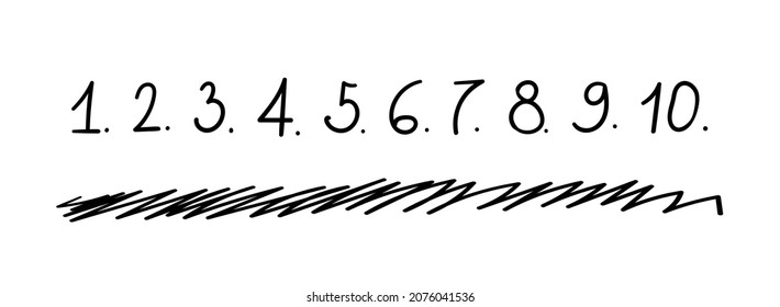 Doodle checklist numbering. List of hand written numbers with dots. Hand-drawn vector illustration scribble numbers font with hatching line isolated on white background.