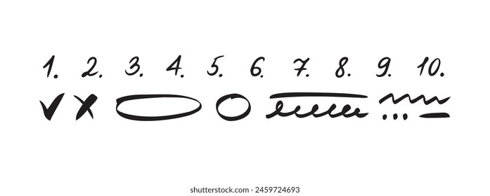 Doodle checklist numbering. List of handwritten numbers with dots. Hand drawn scribble numbers. Vector illustration