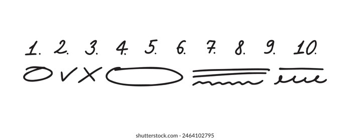 Doodle checklist numbering. List of handwritten numbers with dots. Hand drawn scribble numbers. Vector illustration