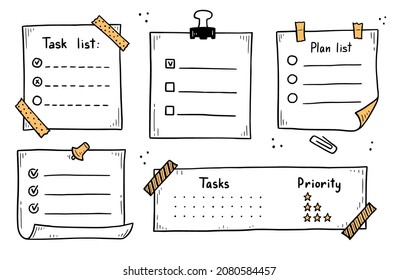 Doodle checklist set. To do, task list with check mark vector illustration. Hand drawn sketch style memo page.