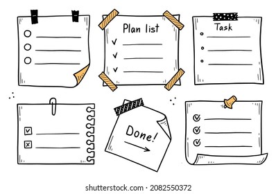 Doodle checklist set. To do, task list with check mark vector illustration. Hand drawn sketch style memo page.