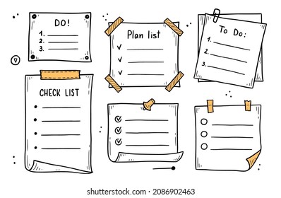 Doodle checklist set. To do, task list with check mark vector illustration. Hand drawn sketch style memo page.