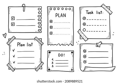 Doodle checklist set. To do, task list with check mark vector illustration. Hand drawn sketch style memo page.