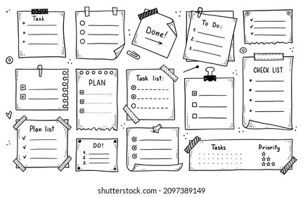 Doodle checklist set. To do, task list with check mark vector illustration. Hand drawn sketch style memo page.