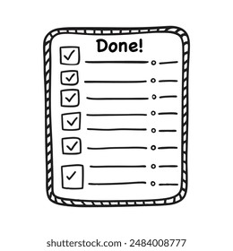 Doodle checklist set. To do, task list with check mark vector illustration. Hand drawn sketch style memo page.