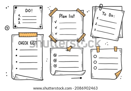 Doodle checklist set. To do, task list with check mark vector illustration. Hand drawn sketch style memo page.