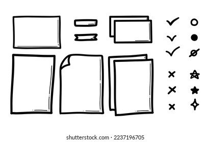 Doodle checklist set. Paper notes collection vector illustration. Hand drawn black and white sketch